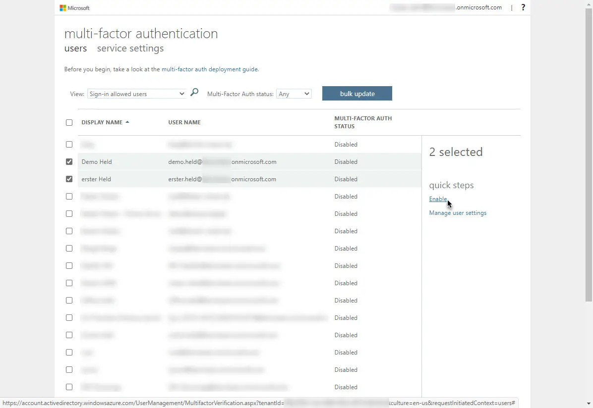 Azure Multi-factor authentification Enable multiple User 