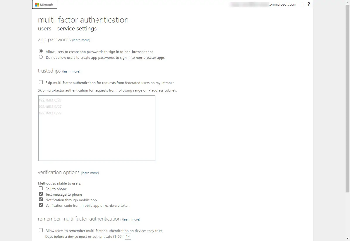 Azure Multi-factor authentification service settings 