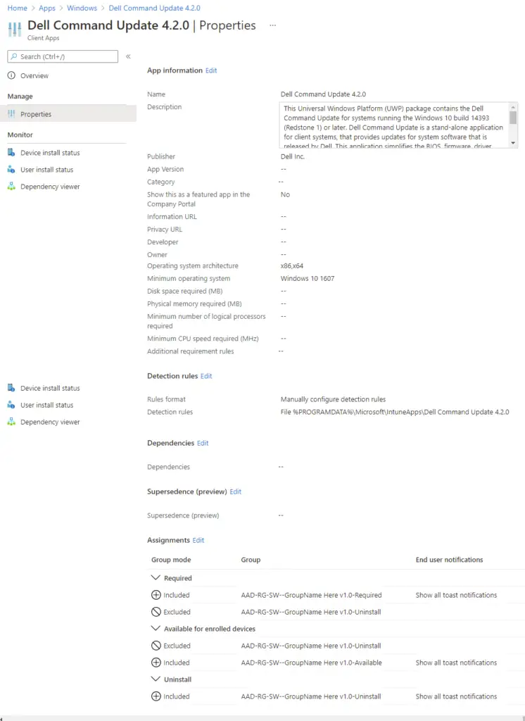Screenshot Azure Portal: Properties Dell Command Update after Invoke-Upload.ps1