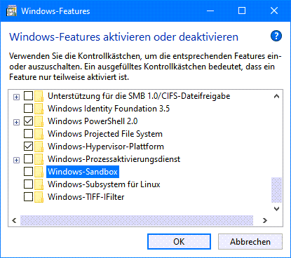 graphical user interface Feature installation Windows Sandbox