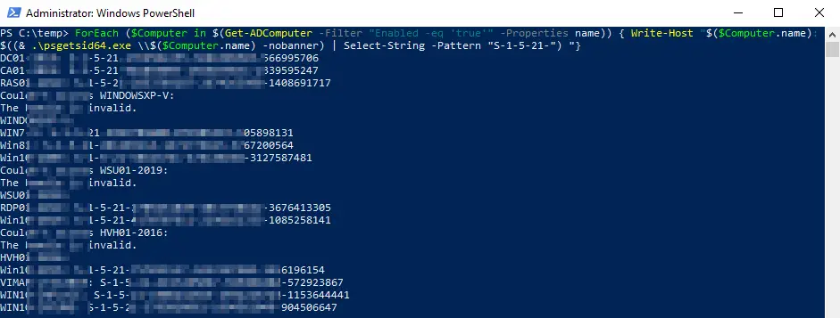 Query PSGetSid for all AD computers with PowerShell